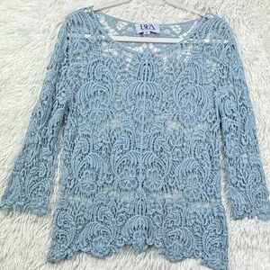 BFA Classics Blue Crochet Lace Sheer Top Medium